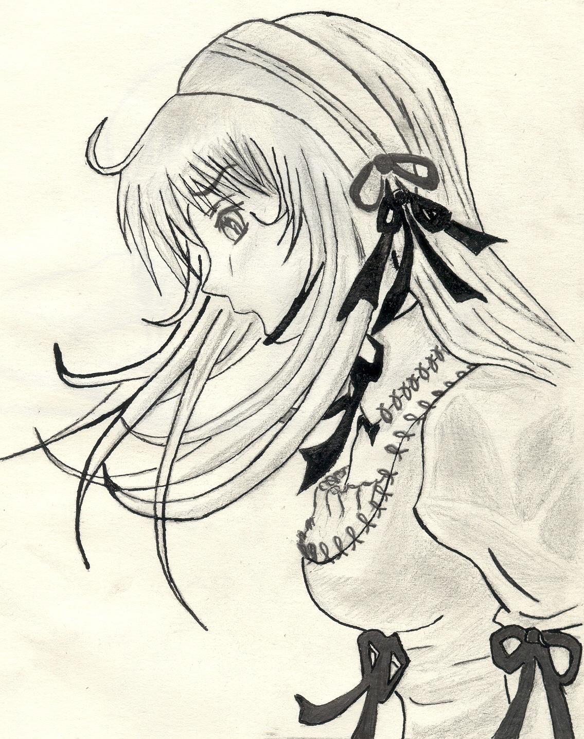 1girl dress hair_ribbon hairband image long_hair monochrome profile ribbon simple_background solo suigintou traditional_media upper_body