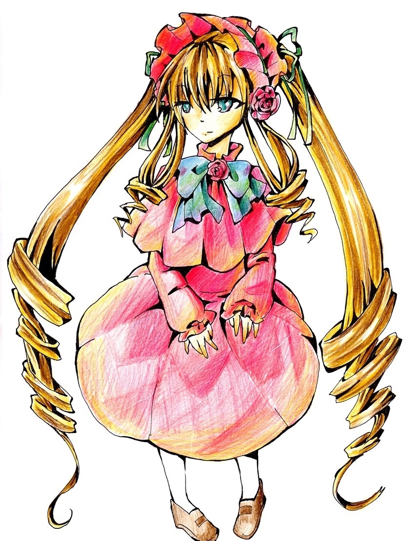 1girl blonde_hair blue_eyes bonnet bow bowtie dress drill_hair flower full_body image long_hair long_sleeves looking_at_viewer pink_bow pink_flower ringlets rose shinku shoes solo standing traditional_media twin_drills twintails very_long_hair white_background