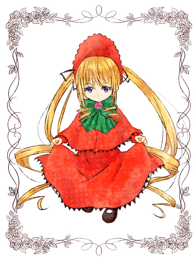 1girl blonde_hair blue_eyes bonnet bow bowtie dress flower full_body green_bow green_neckwear image long_hair long_sleeves looking_at_viewer pantyhose pink_rose red_dress rose shinku shoes sidelocks sitting solo striped twintails very_long_hair