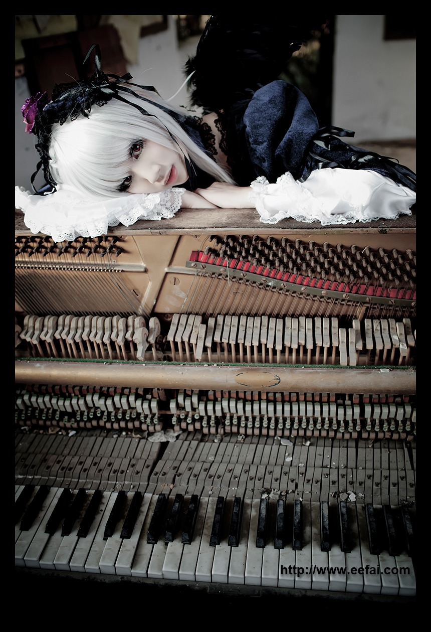 1girl black_border dress flower frills gothic_lolita hairband instrument letterboxed lolita_fashion lolita_hairband long_sleeves rose silver_hair solo suigintou wings