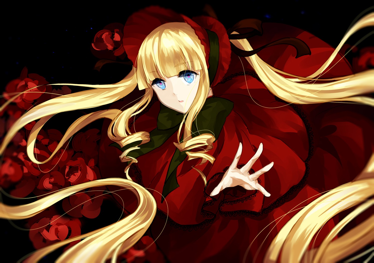 1girl blonde_hair blue_eyes bonnet bow dress drill_hair flower image long_hair long_sleeves looking_at_viewer outstretched_hand red_dress red_flower rose shinku solo twin_drills twintails very_long_hair