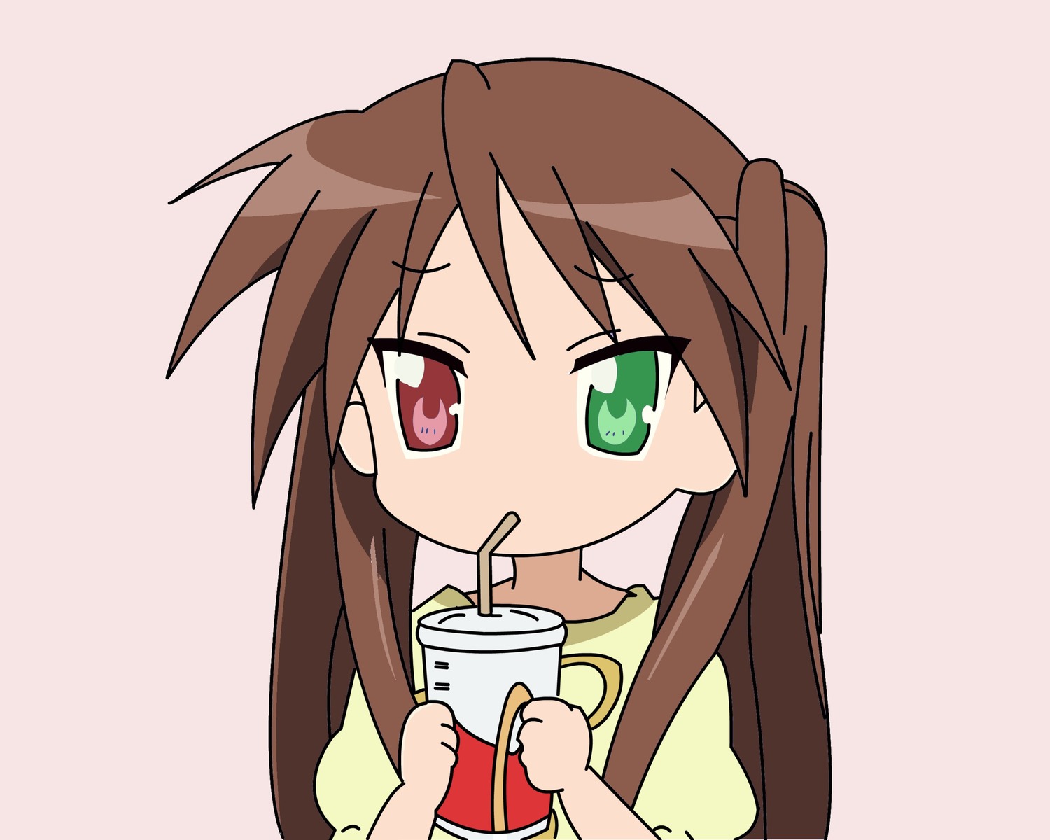 1girl bangs brown_hair cup drinking drinking_straw eyebrows_visible_through_hair green_eyes heterochromia holding holding_cup image long_hair shirt short_sleeves simple_background solo striped suiseiseki twintails upper_body