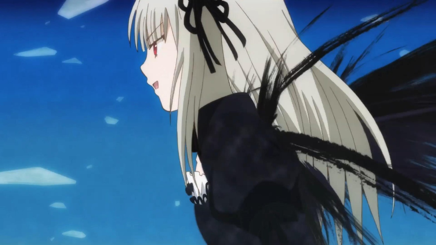 1girl black_dress black_ribbon black_wings dress from_side hairband image juliet_sleeves long_hair long_sleeves open_mouth profile puffy_sleeves red_eyes ribbon silver_hair solo suigintou upper_body very_long_hair wings