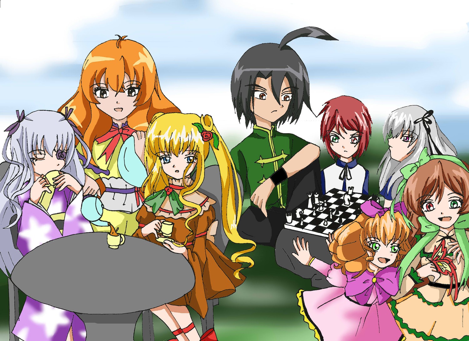 1boy 6+girls ahoge black_hair blonde_hair blue_eyes bow brown_eyes brown_hair dress food green_eyes hair_ribbon heterochromia image long_hair multiple multiple_girls one_eye_closed open_mouth orange_hair red_eyes ribbon shinku short_hair silver_hair tagme twintails