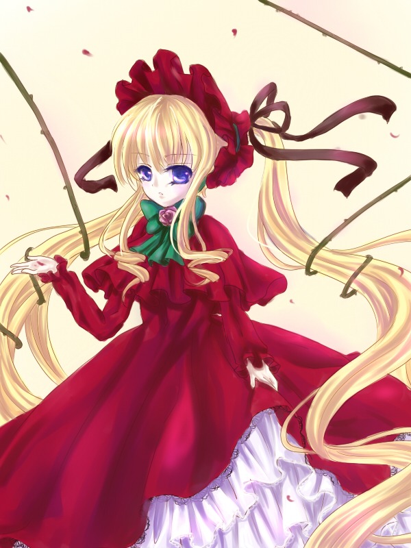 1girl blonde_hair blue_eyes bonnet bow bowtie capelet dress flower frills green_bow green_neckwear image long_hair long_sleeves looking_at_viewer red_dress shinku sidelocks solo twintails very_long_hair yellow_background