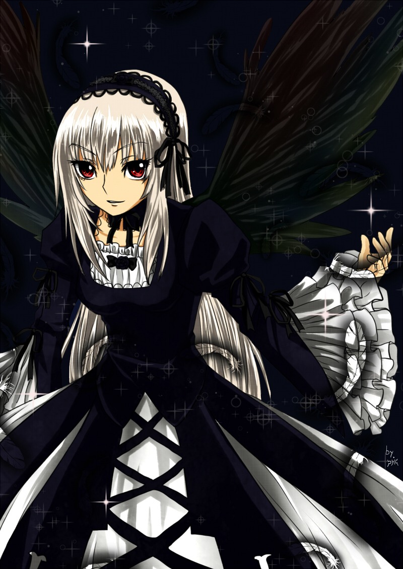 1girl black_dress black_ribbon black_wings dress flower frilled_sleeves frills hairband image juliet_sleeves long_hair long_sleeves looking_at_viewer puffy_sleeves red_eyes ribbon rose silver_hair solo sparkle star_(sky) suigintou wings