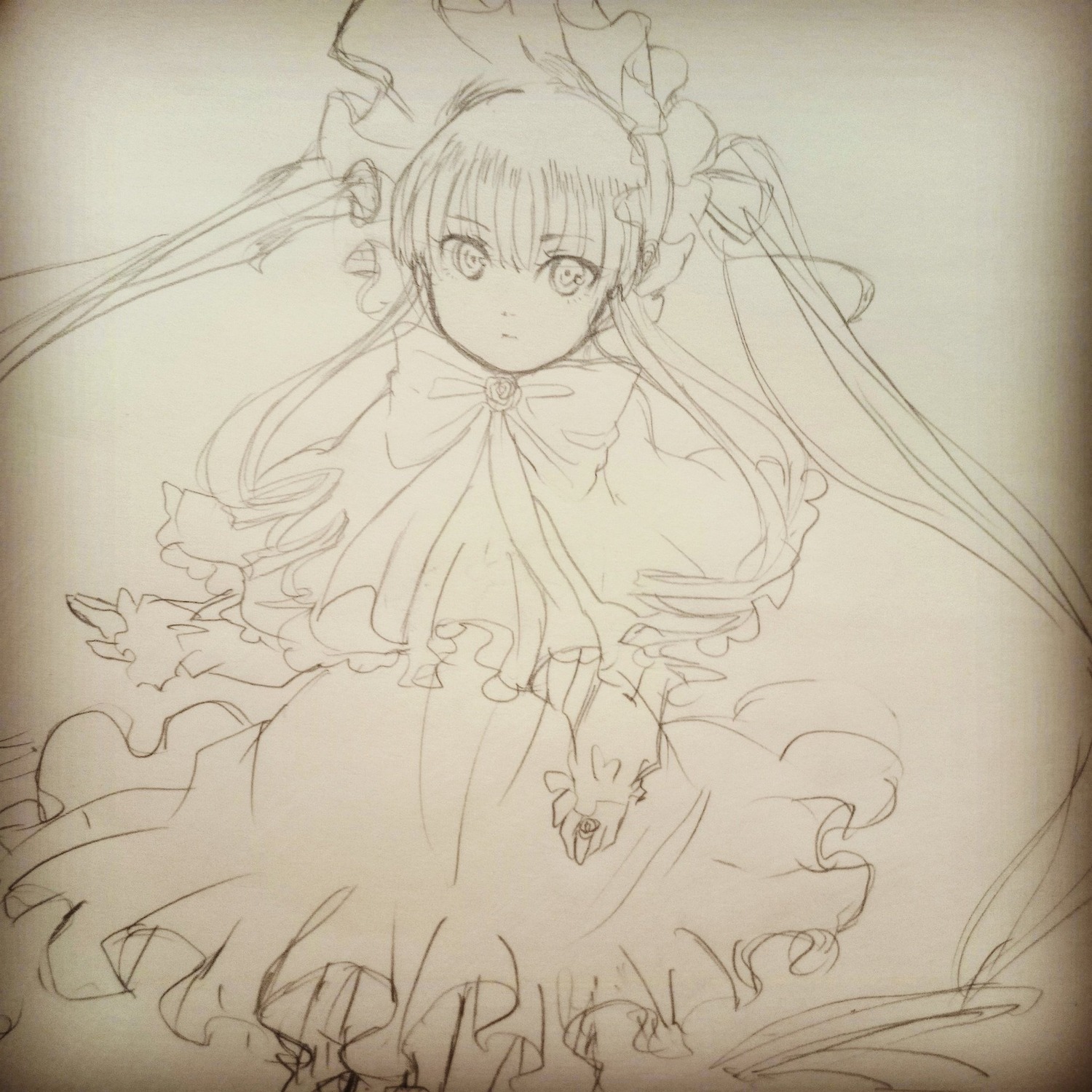 1girl bow capelet dress frills hat image lineart long_hair long_sleeves looking_at_viewer monochrome shinku sketch solo traditional_media twintails very_long_hair