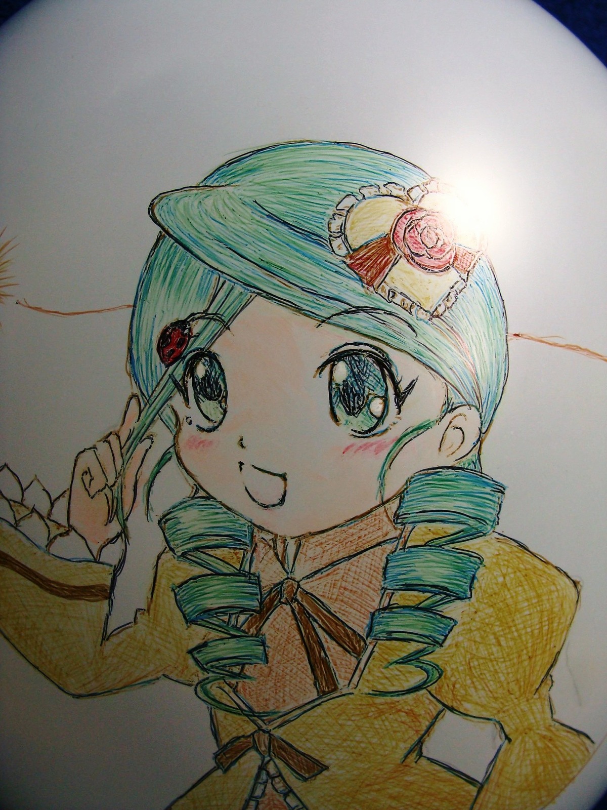 1girl drill_hair graphite_(medium) hair_ornament hat image juliet_sleeves kanaria long_sleeves looking_at_viewer mini_hat open_mouth photo puffy_sleeves ribbon simple_background smile solo tomoe_mami top_hat traditional_media twin_drills upper_body