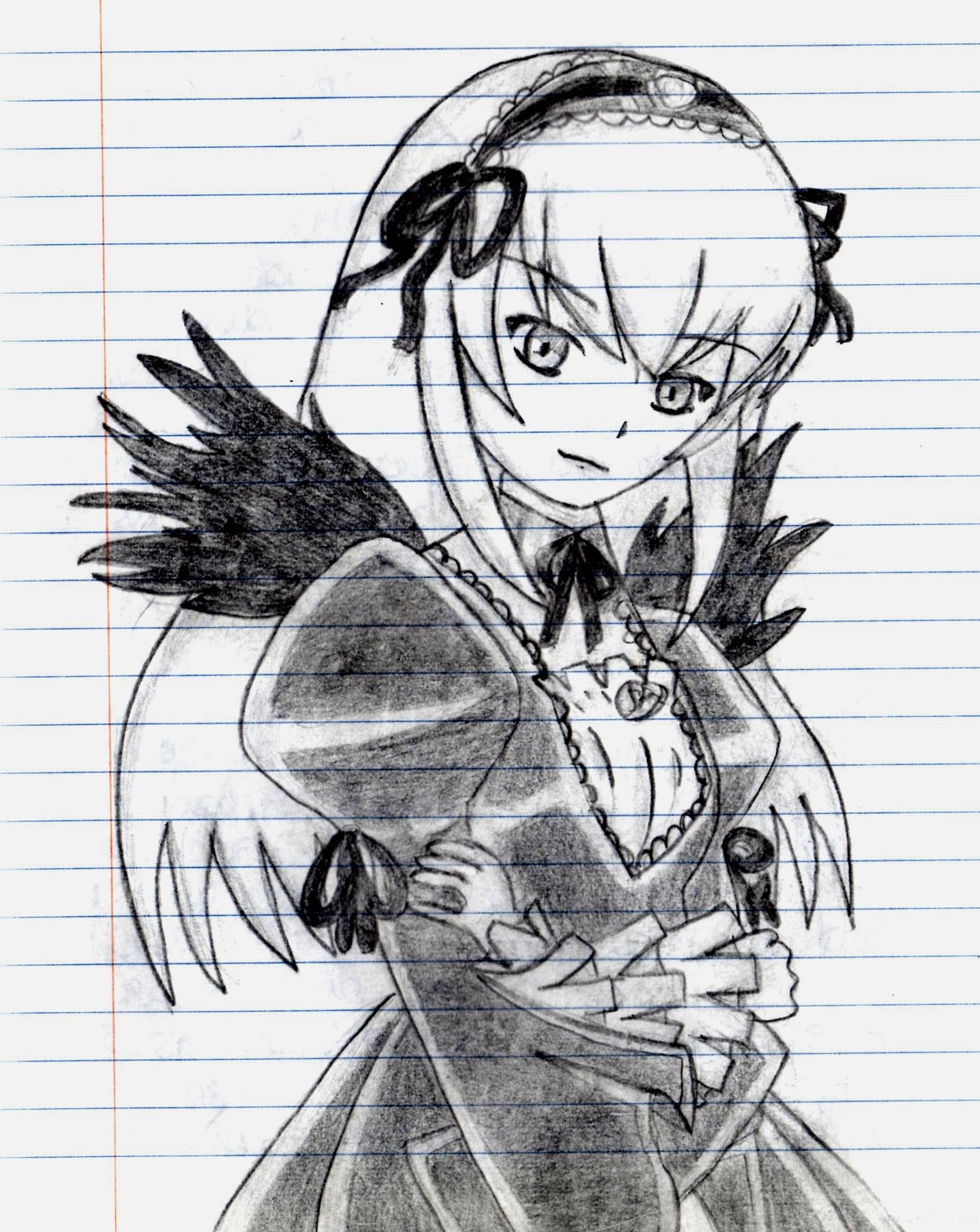 1girl black_wings dress emphasis_lines frills greyscale hairband image long_sleeves looking_at_viewer monochrome solo suigintou wings