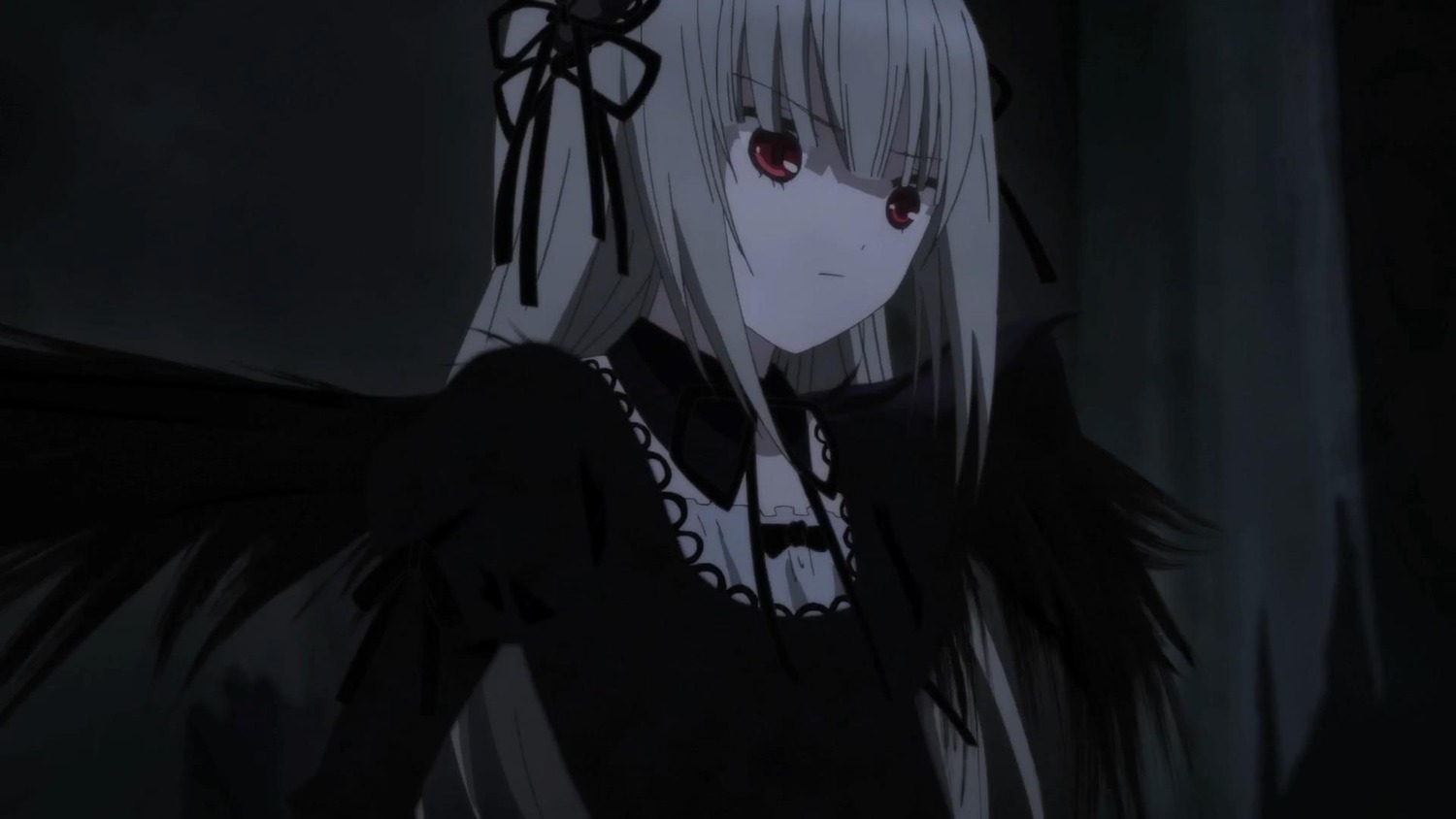 1girl bangs black_dress black_ribbon black_wings closed_mouth dress eyebrows_visible_through_hair gothic_lolita hair_ribbon image lolita_fashion long_hair long_sleeves red_eyes ribbon silver_hair solo suigintou upper_body wings