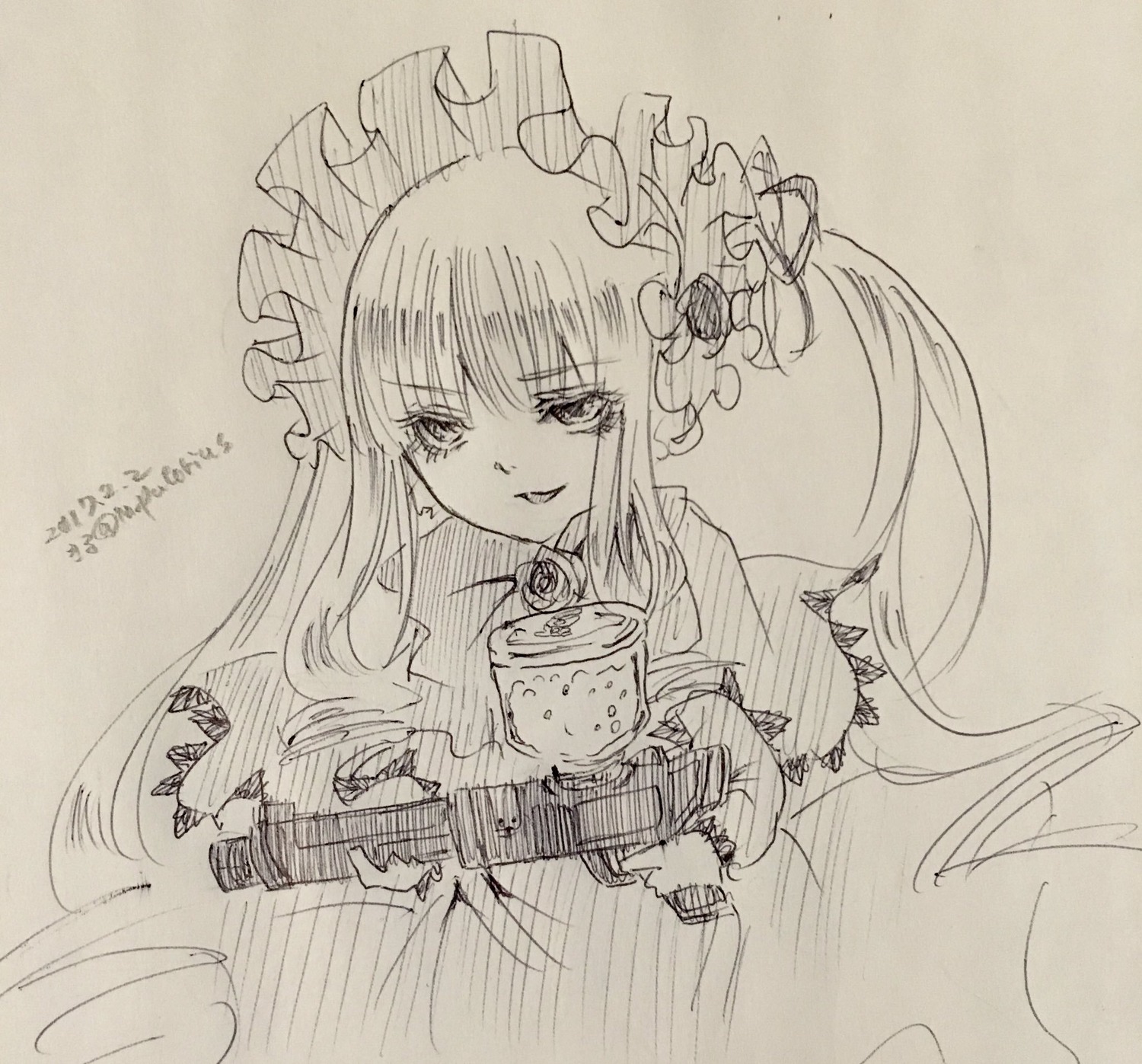1girl cup dress frills holding_cup image long_hair long_sleeves looking_at_viewer monochrome rose shinku sketch solo traditional_media upper_body