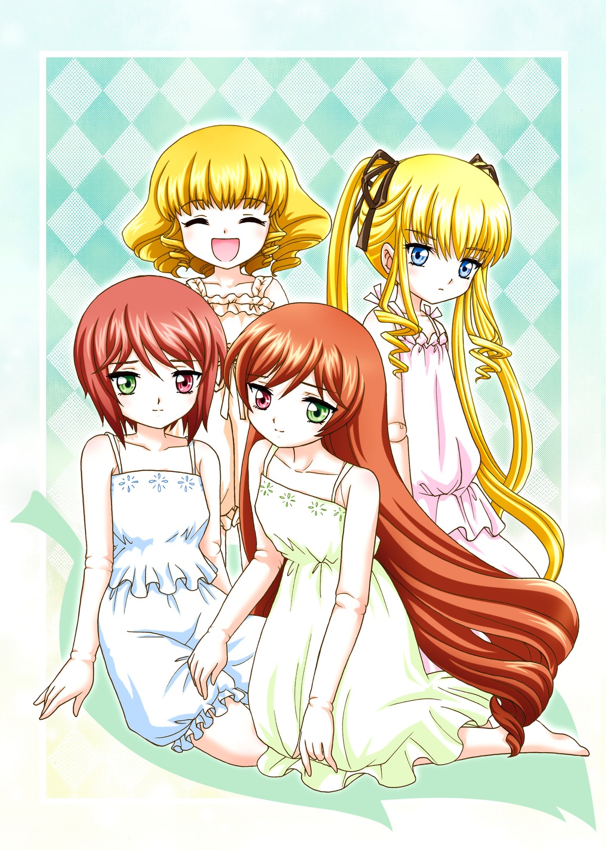 4girls :d argyle argyle_background barefoot blonde_hair blue_eyes brown_hair checkered checkered_background checkered_floor closed_eyes dress green_eyes heterochromia image long_hair multiple multiple_girls open_mouth red_eyes red_hair shinku short_hair sitting smile suiseiseki tagme twintails very_long_hair