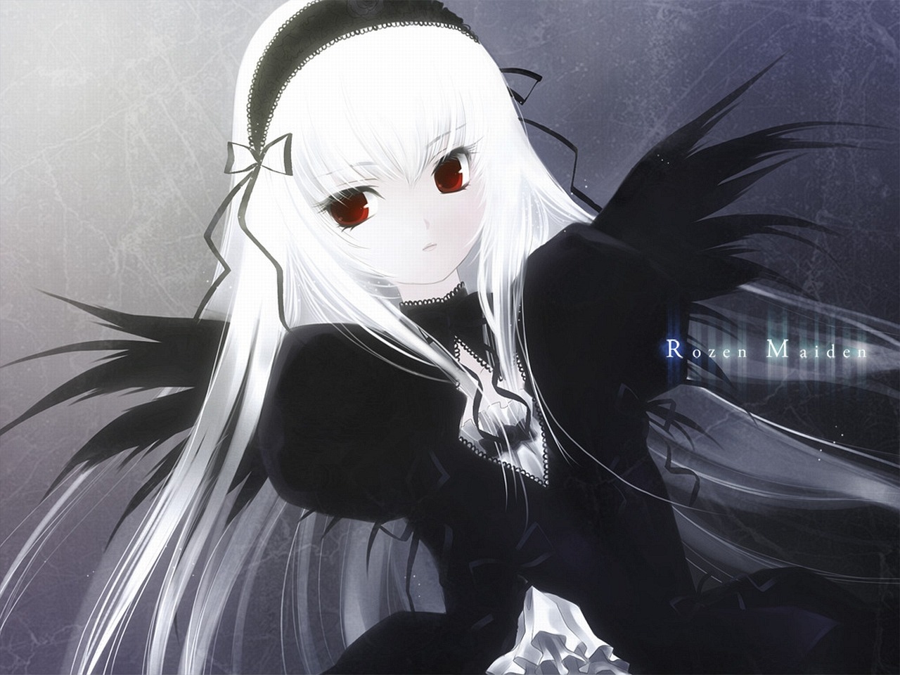 1girl black_wings blush colored_skin dress feathered_wings frills gothic hairband image juliet_sleeves long_hair long_sleeves looking_at_viewer monochrome puffy_sleeves red_eyes ribbon rozen_maiden solo suigintou touto_seiro upper_body very_long_hair white_hair white_skin wings