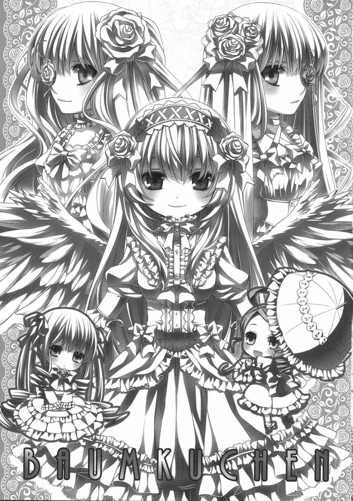 blush doujinshi doujinshi_#3 dress flower frills greyscale hair_flower hair_ornament hairband image long_hair long_sleeves looking_at_viewer monochrome multiple multiple_girls rose siblings sisters smile suigintou twins twintails wings