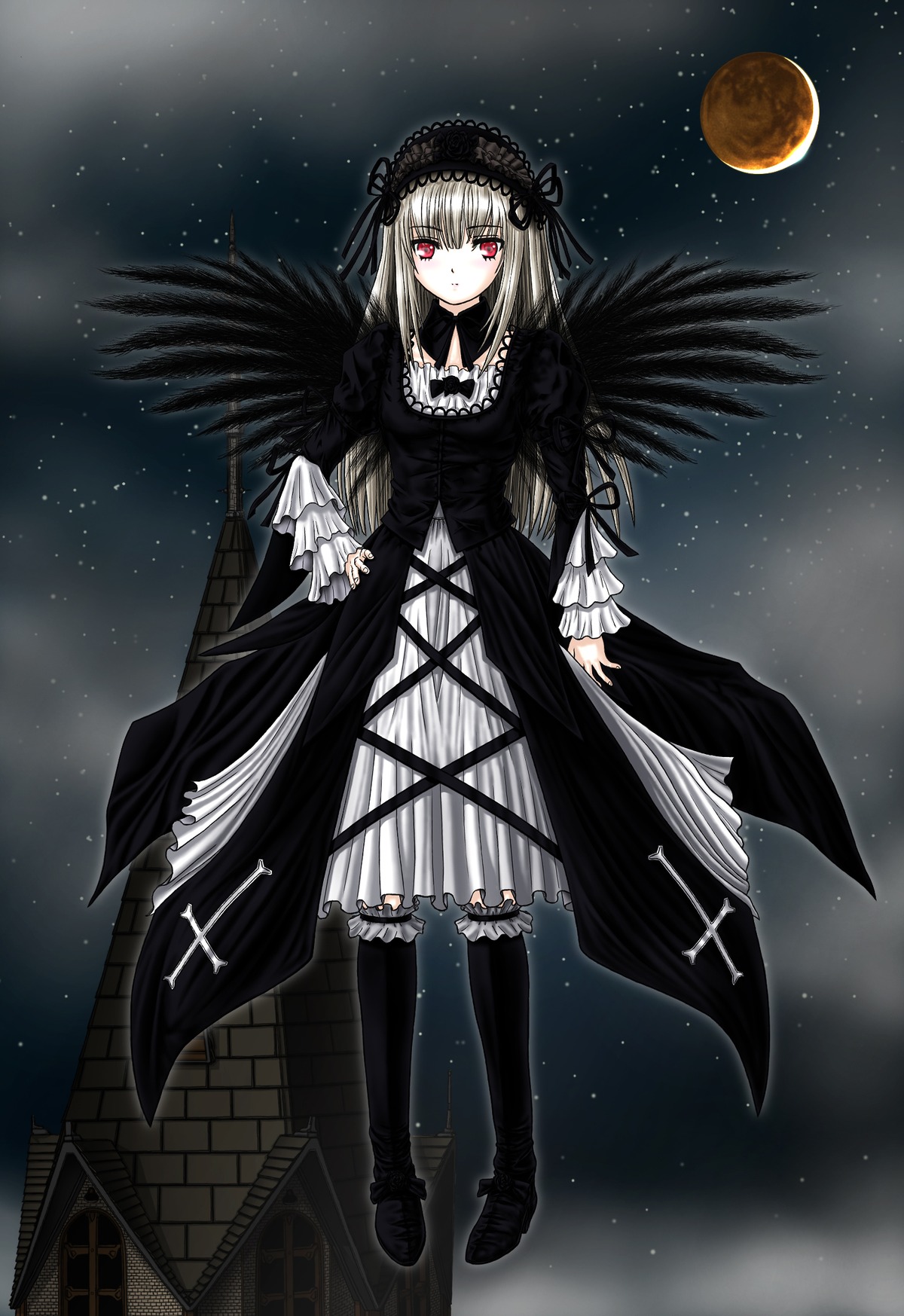 1girl black_dress black_legwear black_wings cross doll_joints dress frills full_moon gothic_lolita hairband image joints lolita_fashion lolita_hairband long_hair long_sleeves looking_at_viewer moon night night_sky red_eyes sky solo space star_(sky) starry_sky suigintou thighhighs wings