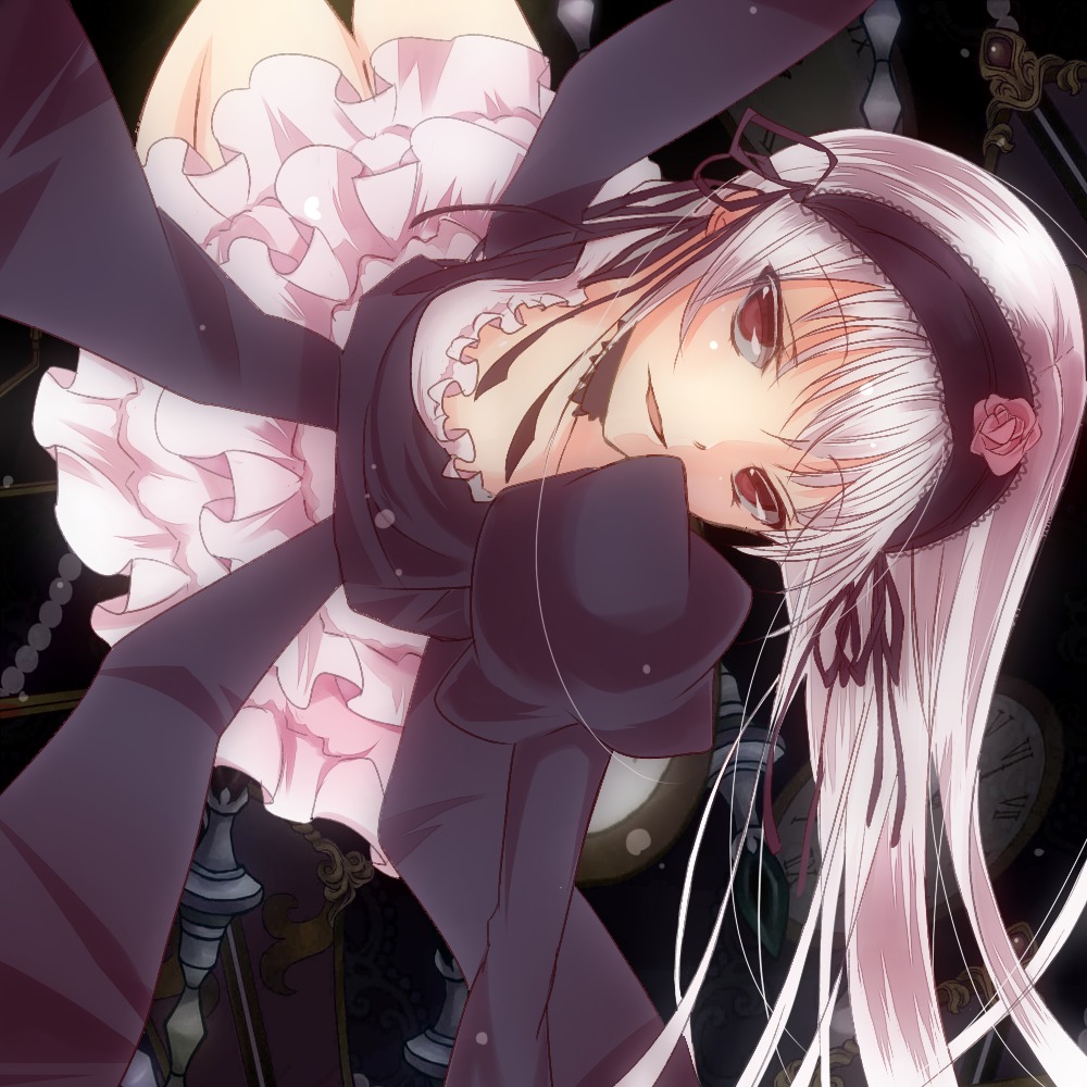 1girl doll_joints dress flower frills hairband image joints lolita_hairband long_hair long_sleeves looking_at_viewer ribbon rose silver_hair smile solo suigintou wings