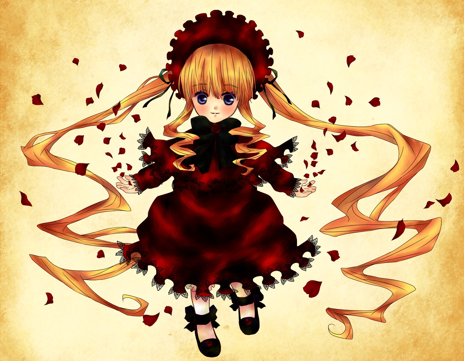 1girl blonde_hair blue_eyes blush bonnet bow bowtie dress flower full_body image long_hair long_sleeves looking_at_viewer petals red_dress rose_petals shinku solo standing twintails very_long_hair yellow_background