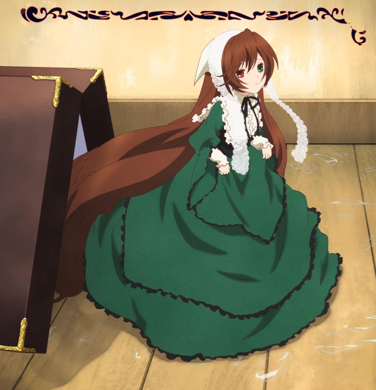 1girl brown_hair dress frills green_dress green_eyes heterochromia image long_hair long_sleeves looking_at_viewer red_eyes solo suiseiseki twintails very_long_hair