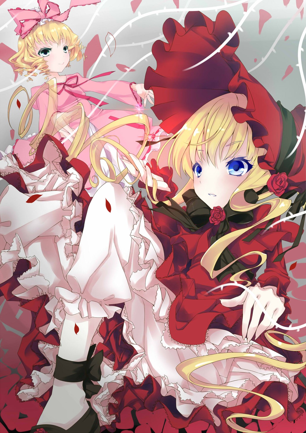 2girls blonde_hair bloomers blue_eyes bow dress flower frills hina_ichigo hinaichigo image long_hair long_sleeves multiple_girls pair petals pink_bow red_dress ribbon rose rose_petals shinku short_hair