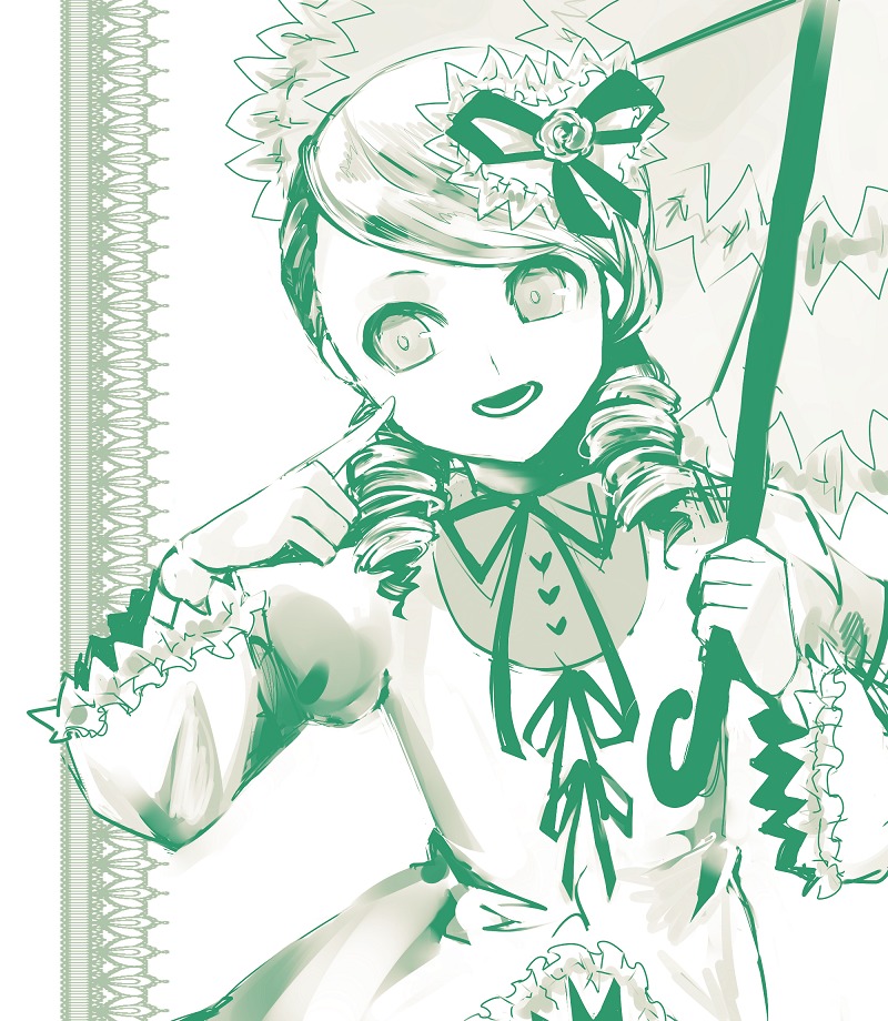 1girl dress drill_hair frilled_sleeves frills green_theme hat image kanaria long_sleeves looking_at_viewer monochrome open_mouth ribbon smile solo traditional_media