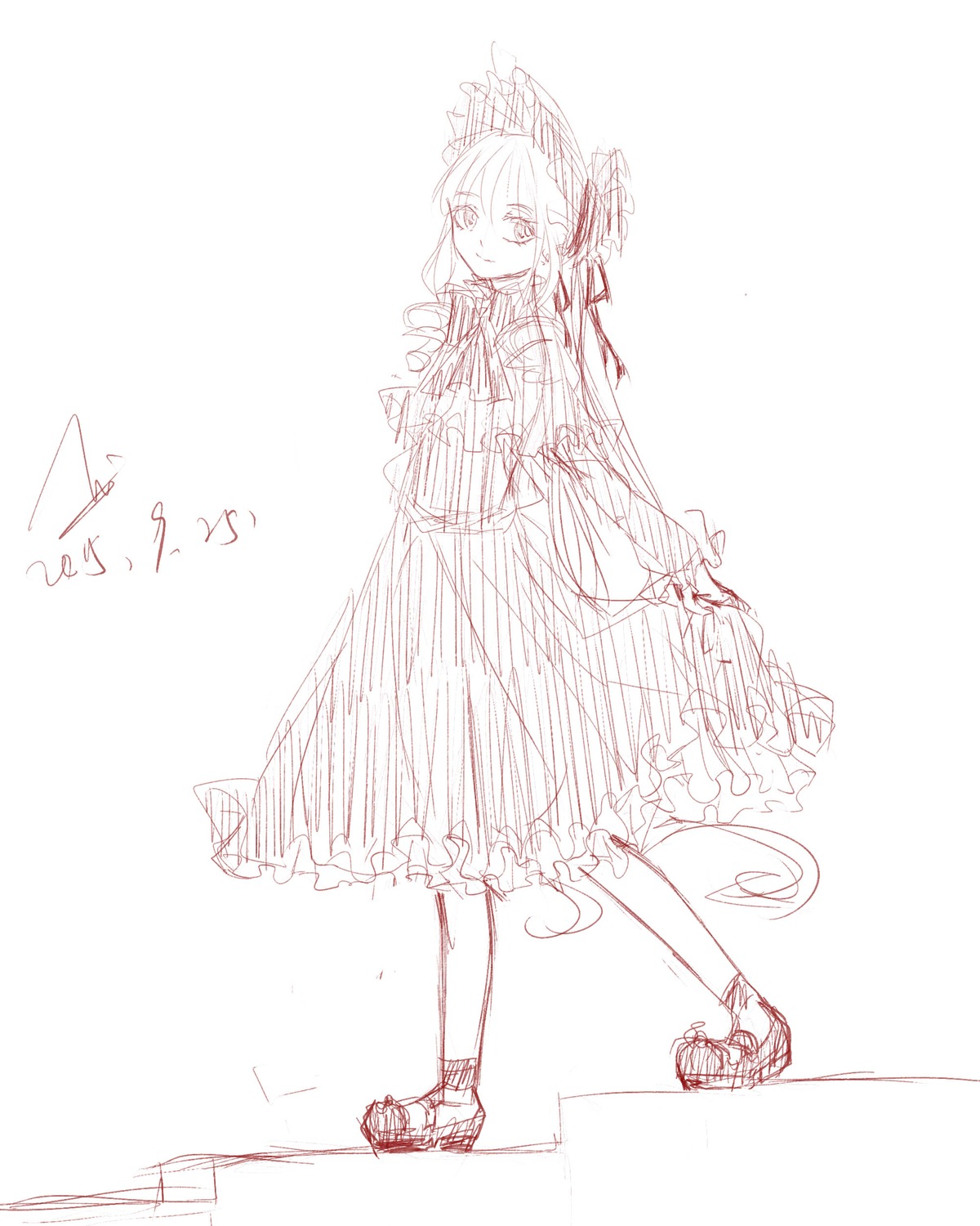 1girl dated full_body image long_hair long_sleeves looking_at_viewer monochrome shinku sketch skirt smile solo standing