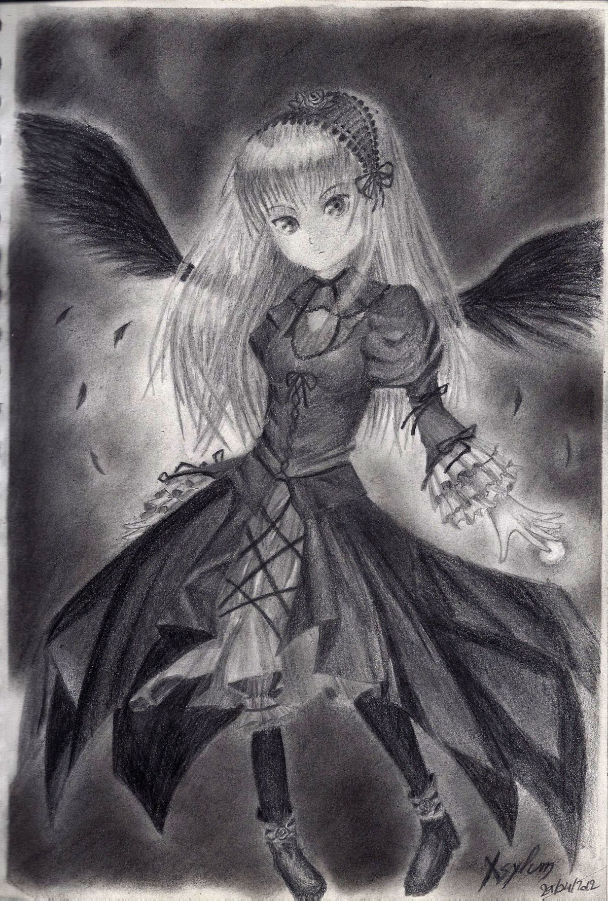 1girl boots dress feathers frills full_body greyscale hairband image long_hair long_sleeves looking_at_viewer monochrome solo standing suigintou traditional_media wings