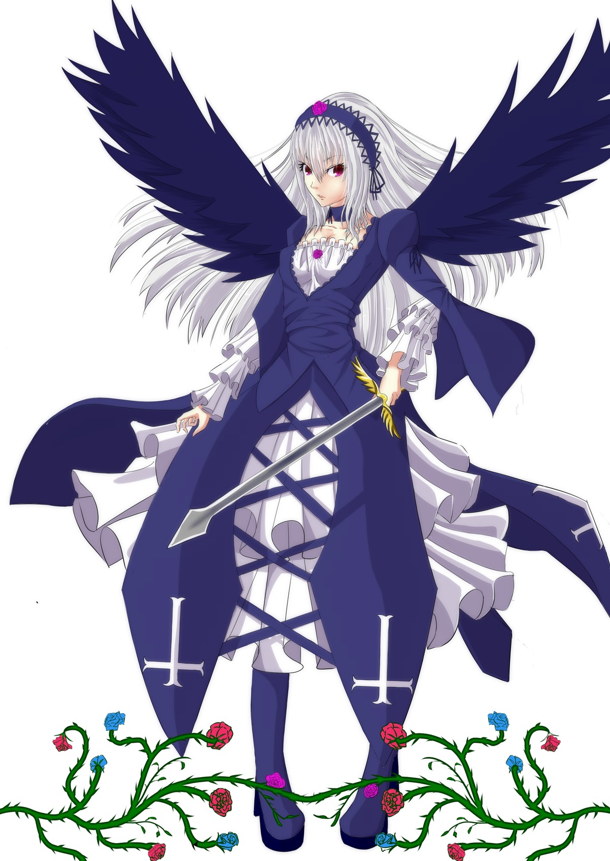 1girl black_wings blue_flower boots dress feathers flower frills full_body hairband image long_hair long_sleeves purple_flower purple_rose red_eyes red_flower red_rose ribbon rose silver_hair solo suigintou wings