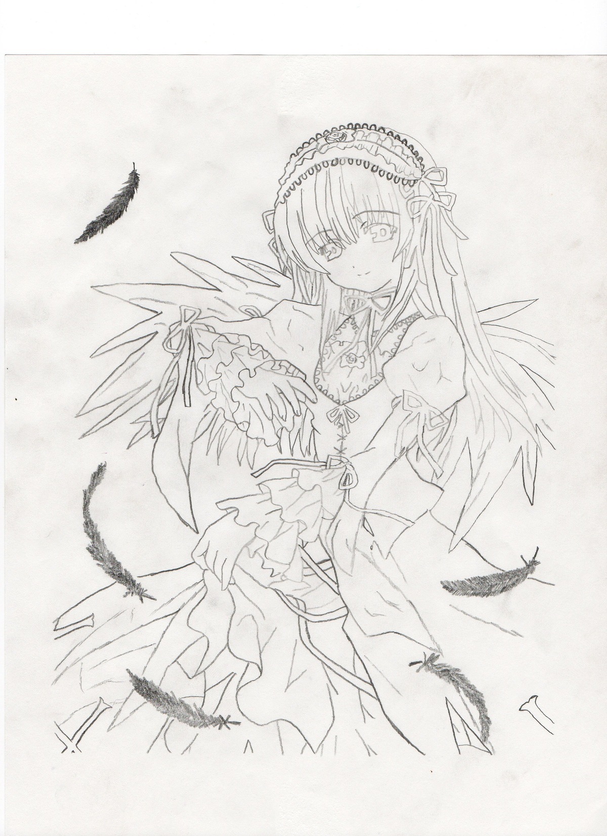 1girl bird dress feathered_wings feathers flower frills greyscale hairband image long_hair long_sleeves looking_at_viewer monochrome rose smile solo suigintou traditional_media wide_sleeves wings