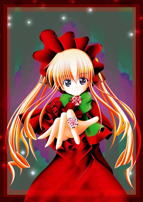 1girl blonde_hair blue_eyes bow bowtie cowboy_shot dress flower image long_hair long_sleeves looking_at_viewer outstretched_arm red_dress shinku solo