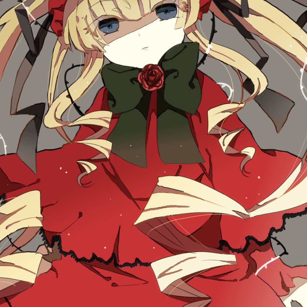 1girl blonde_hair blue_eyes bonnet bow bowtie dress drill_hair flower image long_hair looking_at_viewer rose shinku solo twintails