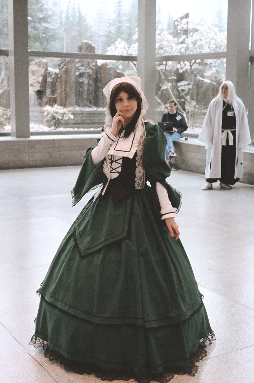 brown_hair dress hat long_hair long_sleeves looking_at_viewer multiple_girls solo standing suiseiseki window