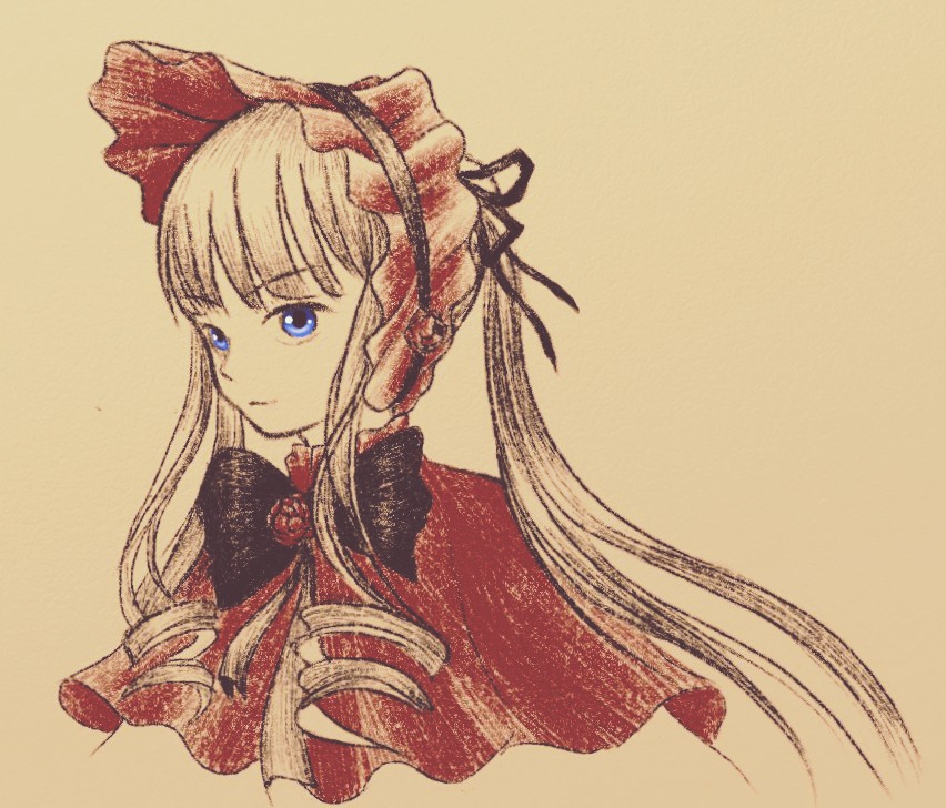 1girl bangs blonde_hair blue_eyes bonnet capelet closed_mouth expressionless flower image long_hair looking_at_viewer portrait red_capelet ribbon rose shinku simple_background solo twintails upper_body