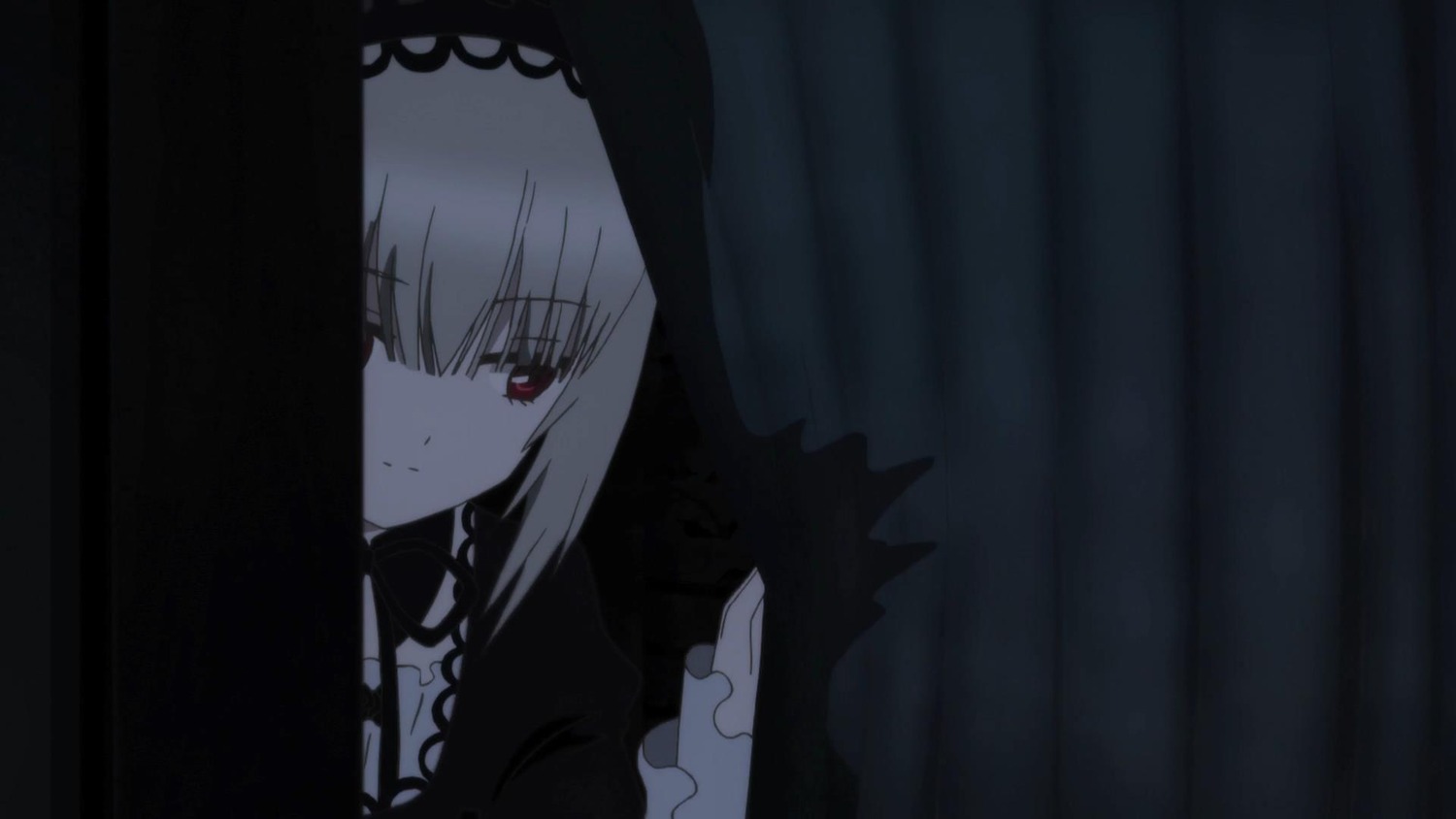 1girl bangs closed_mouth curtains dress eyebrows_visible_through_hair grey_hair image long_hair looking_at_viewer red_eyes smile solo suigintou