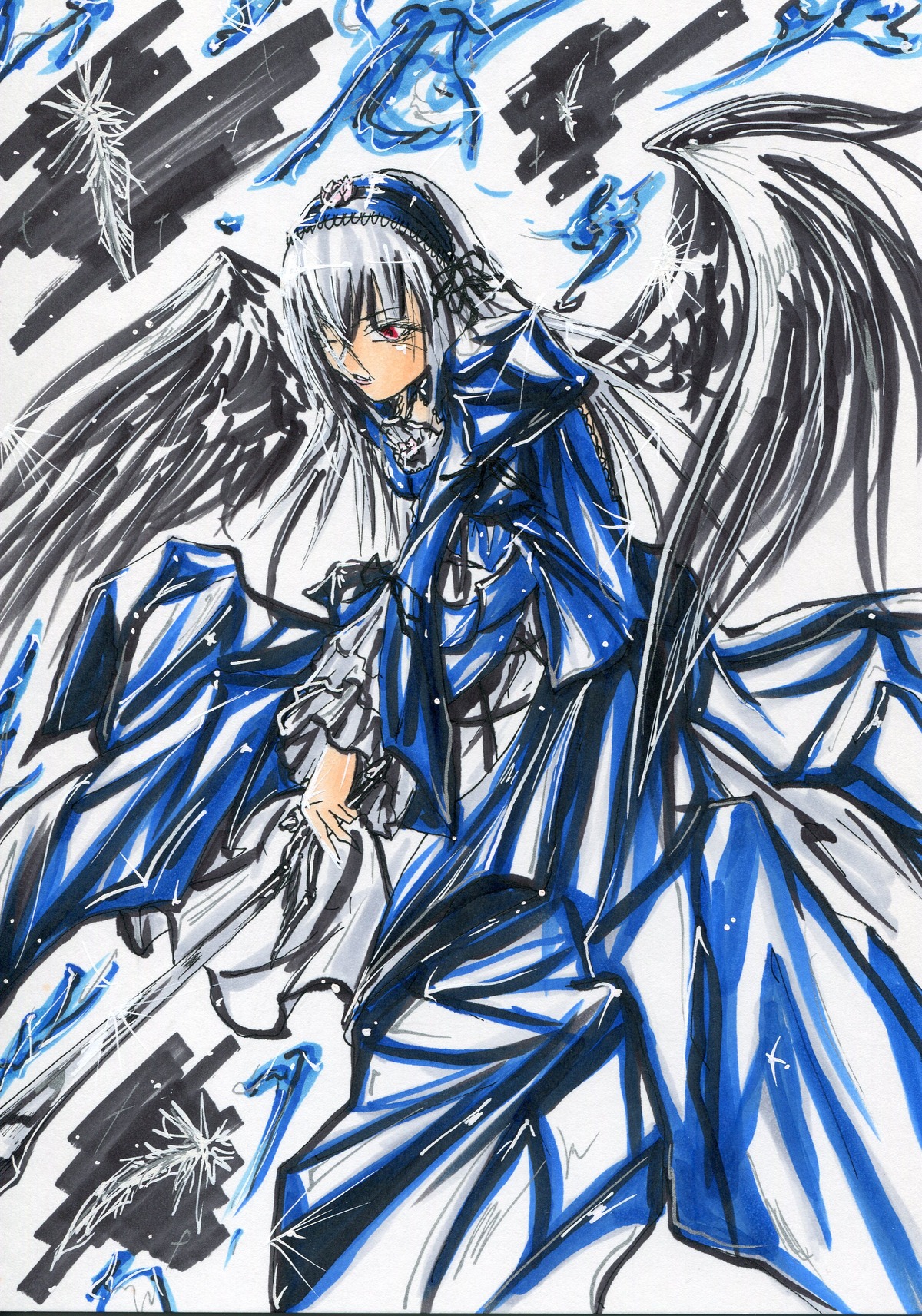 1girl black_wings blue_dress dress frills hairband image long_hair long_sleeves looking_at_viewer red_eyes ribbon silver_hair solo suigintou traditional_media wings