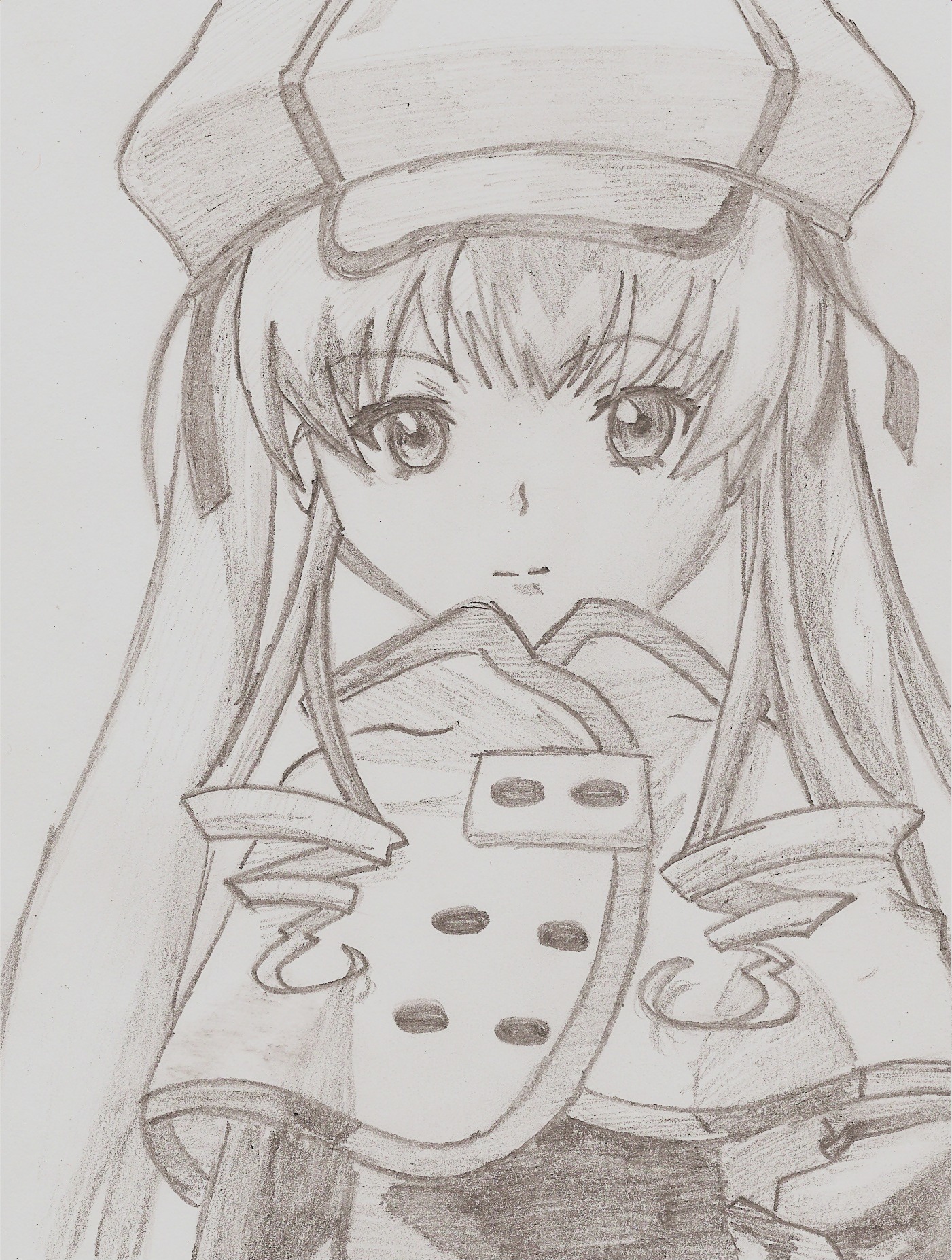 1girl hat image long_hair looking_at_viewer monochrome shinku solo traditional_media upper_body