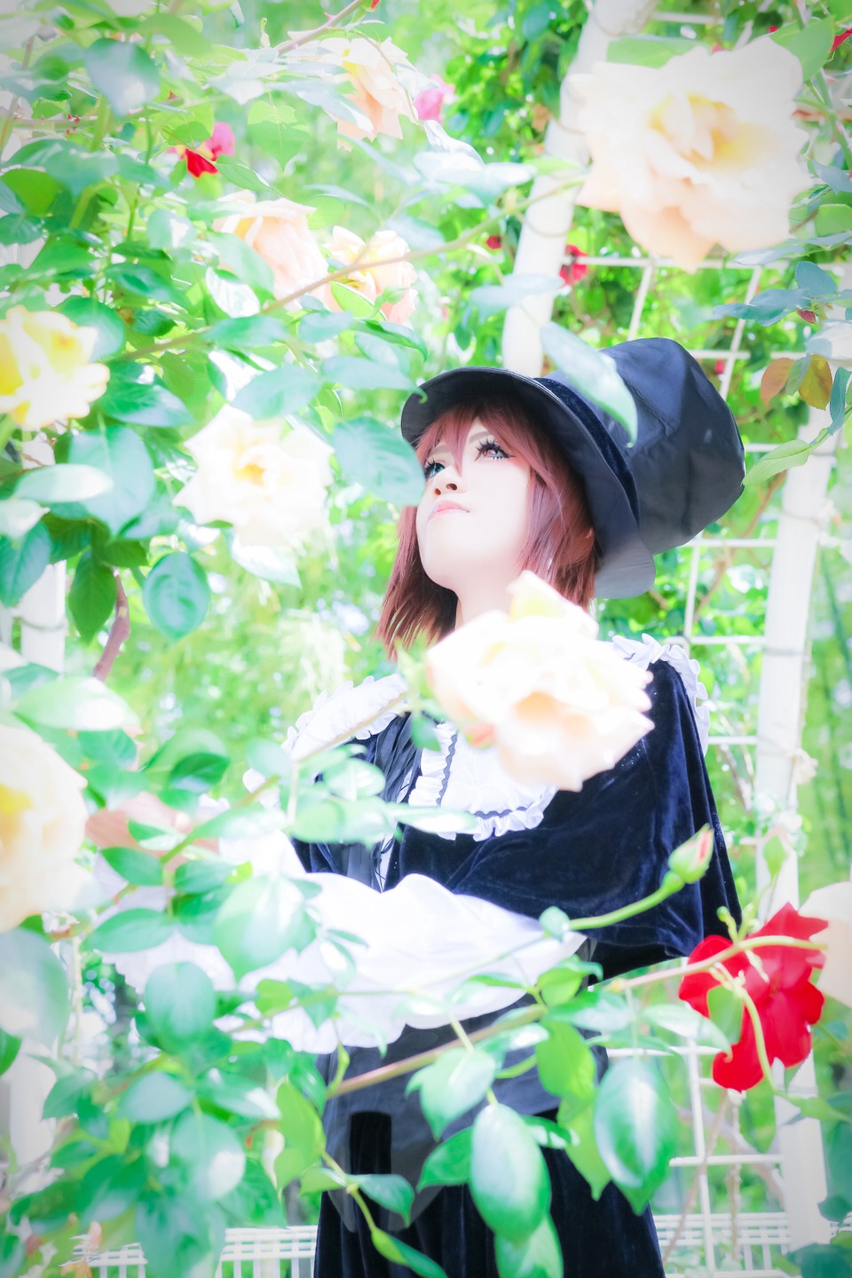 1girl blurry brown_hair day depth_of_field dress flower hat long_hair outdoors solo souseiseki