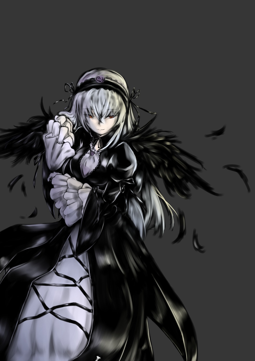 1girl black_dress black_wings dress feathers frilled_sleeves frills hairband image juliet_sleeves long_hair long_sleeves looking_at_viewer red_eyes simple_background solo suigintou wings