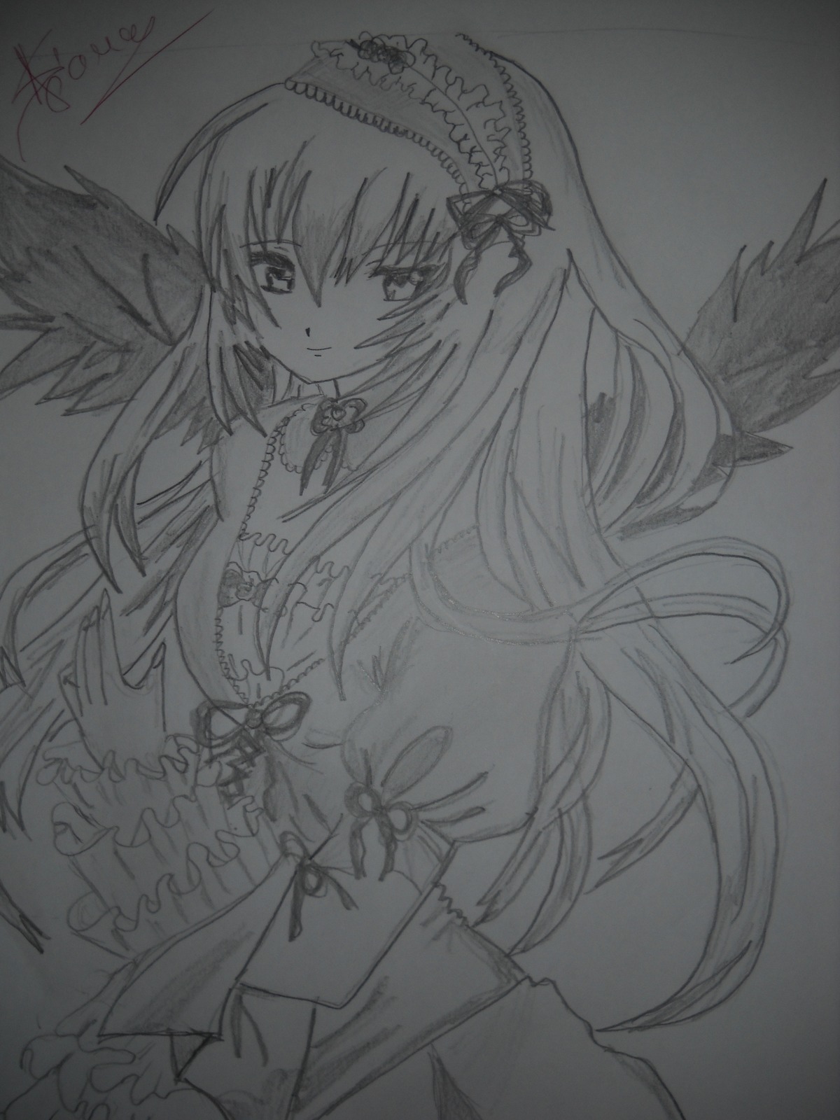 1girl breasts closed_mouth dress eyebrows_visible_through_hair feathered_wings frills greyscale hairband image long_hair long_sleeves looking_at_viewer monochrome rose simple_background smile solo suigintou traditional_media very_long_hair wings