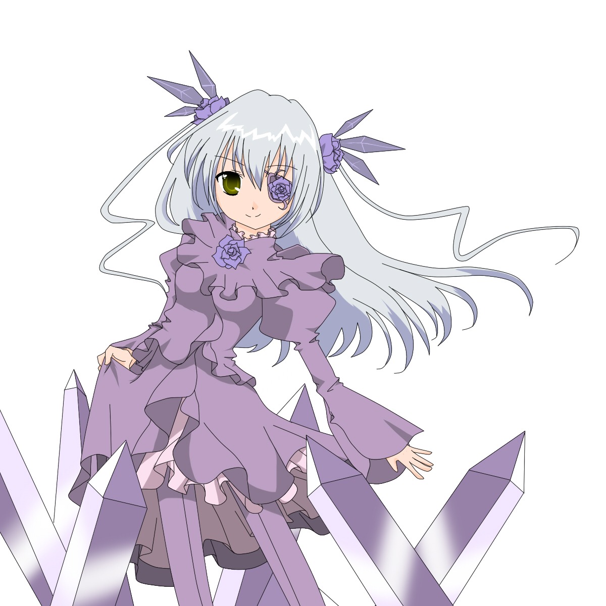 1girl barasuishou dress eyepatch flower frills hair_ornament image juliet_sleeves long_hair long_sleeves puffy_sleeves purple_dress purple_flower purple_rose rose silver_hair smile solo sword two_side_up weapon