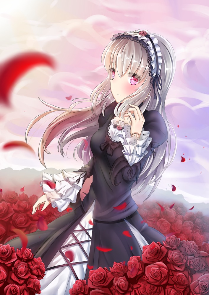 1girl black_dress black_rose blush closed_mouth dress eyebrows_visible_through_hair flower frills gothic_lolita hairband image lolita_fashion long_hair long_sleeves looking_at_viewer petals pink_eyes pink_rose purple_rose red_eyes red_flower red_rose rose rose_petals silver_hair solo suigintou thorns