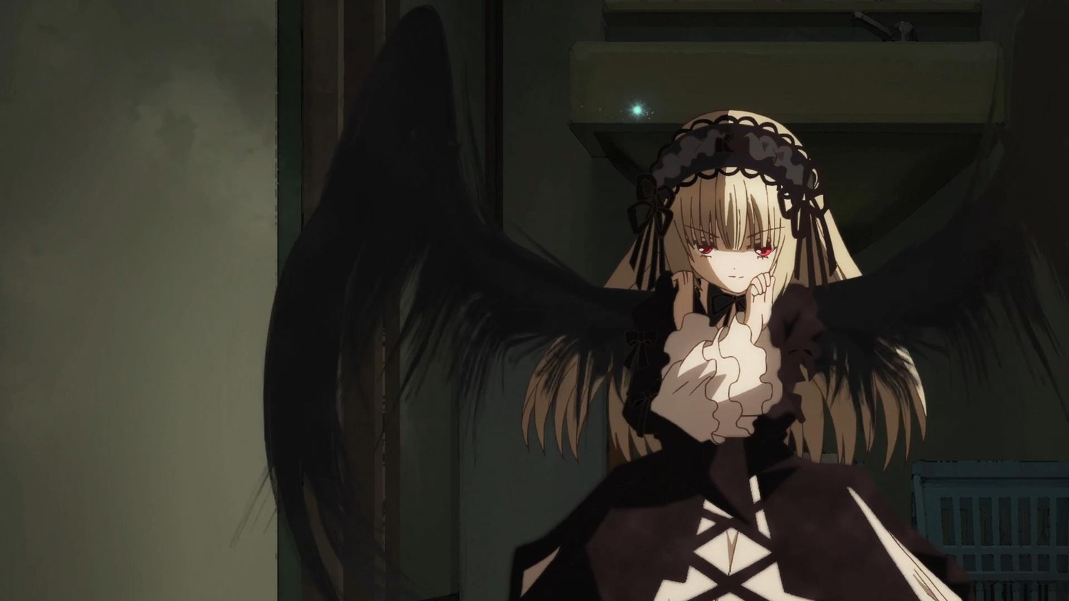 1girl black_dress black_ribbon black_wings dress feathered_wings hairband image lolita_hairband long_hair long_sleeves red_eyes ribbon solo suigintou wings