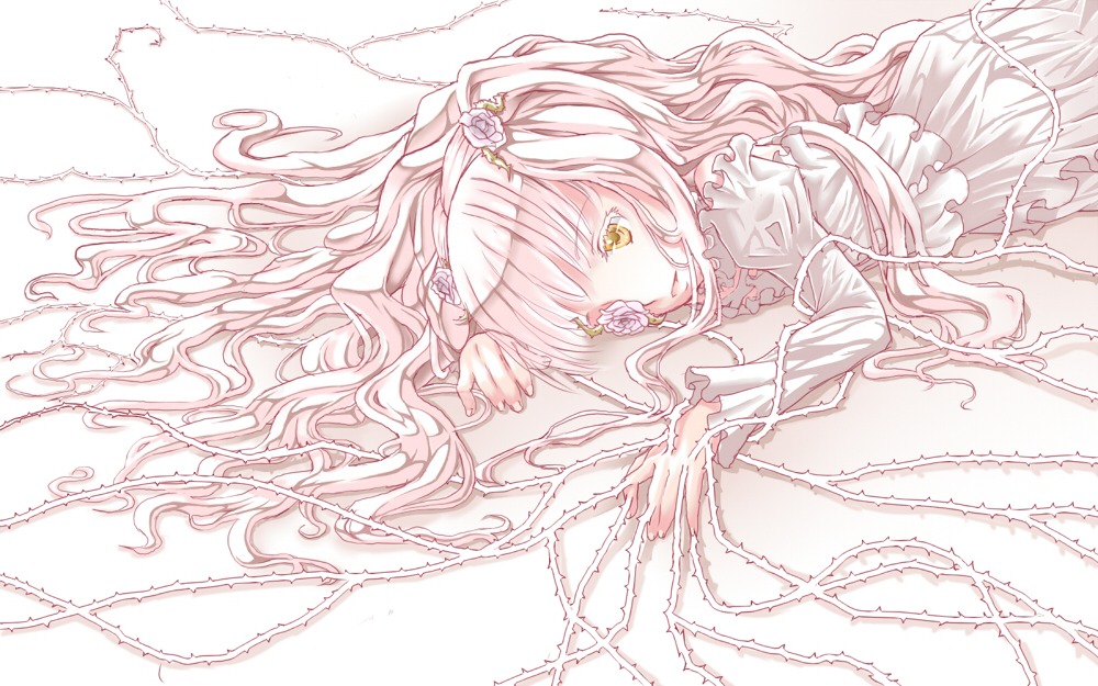 1girl dress flower frills hair_flower hair_ornament image kirakishou long_hair lying pink_hair rose solo two_side_up very_long_hair yellow_eyes