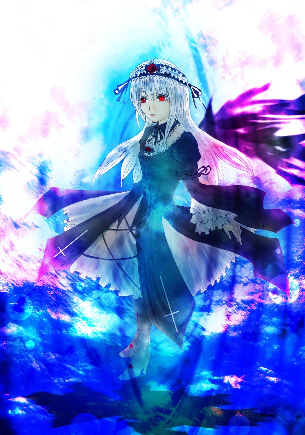 1girl bangs black_ribbon dress flower frilled_sleeves frills hairband image long_hair long_sleeves looking_at_viewer red_eyes ribbon silver_hair solo standing suigintou water wide_sleeves wings