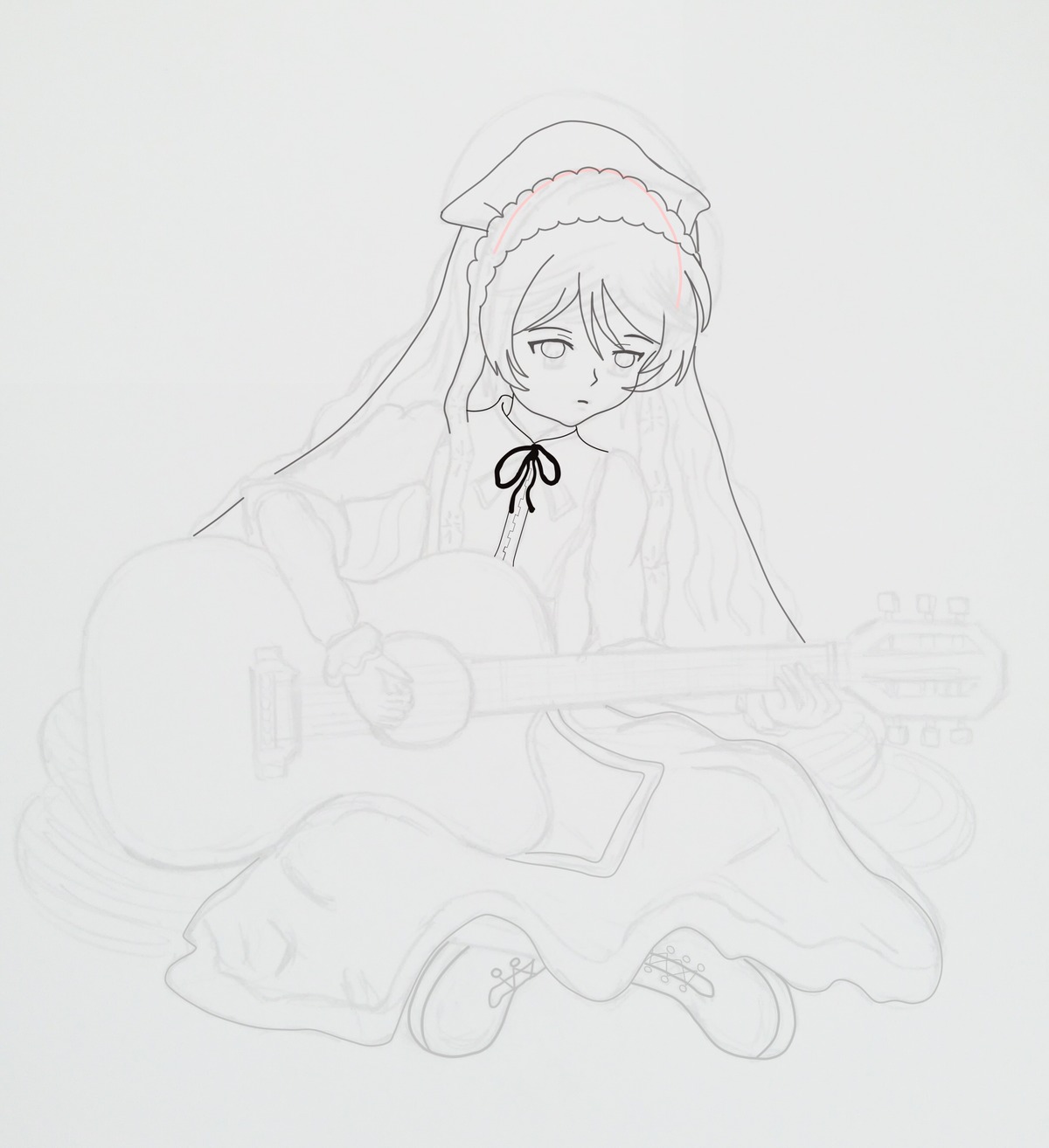 1girl closed_mouth dress image long_sleeves monochrome neck_ribbon ribbon sketch solo suiseiseki