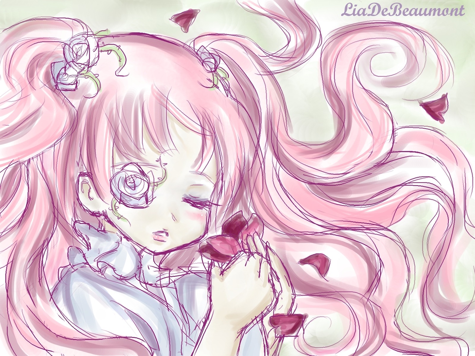 1girl closed_eyes flower fruit hair_flower hair_ornament image kirakishou long_hair pink_hair rose solo