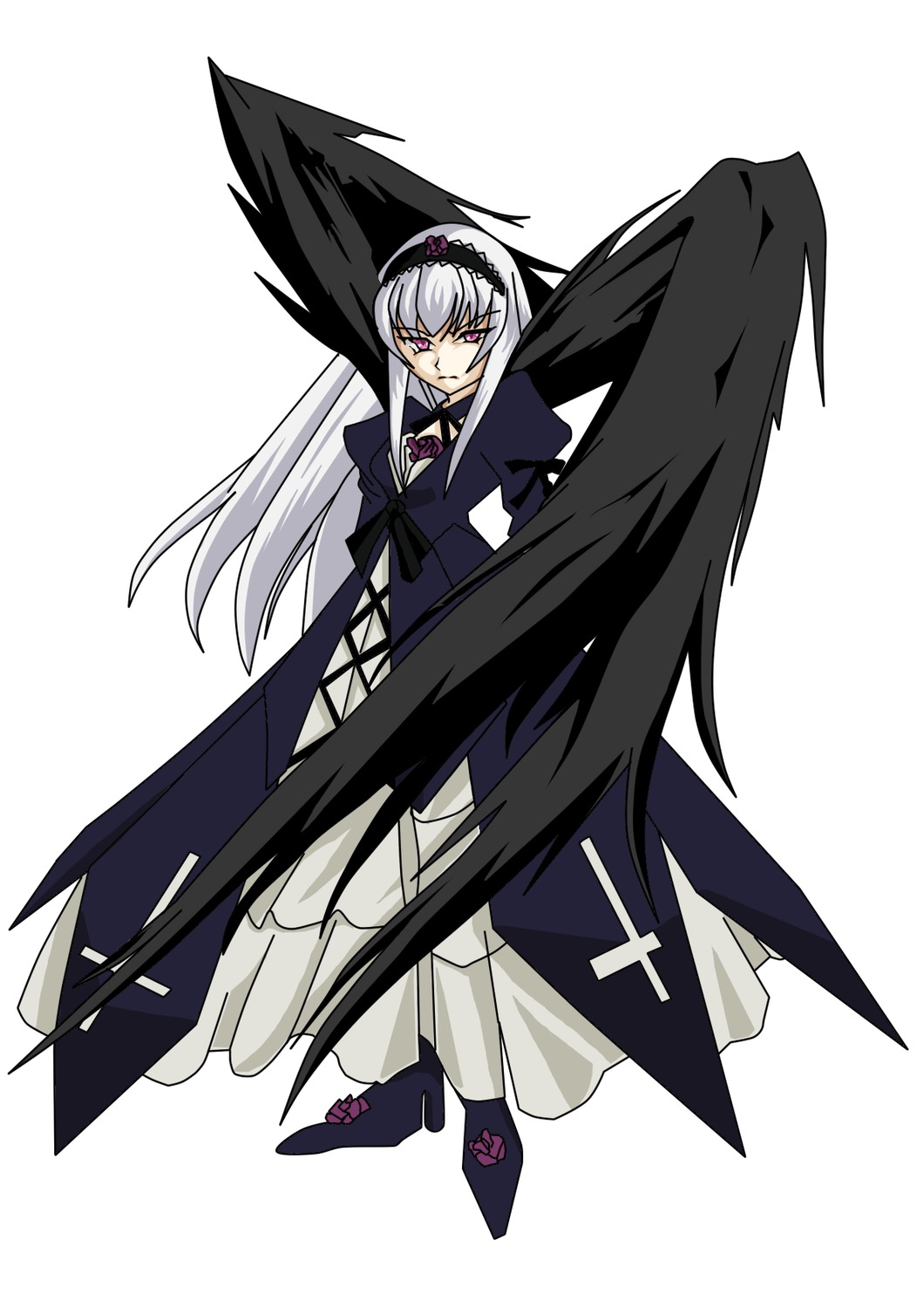1girl black_wings boots bow dress feathered_wings full_body image long_hair long_sleeves looking_at_viewer simple_background solo suigintou very_long_hair white_background wings