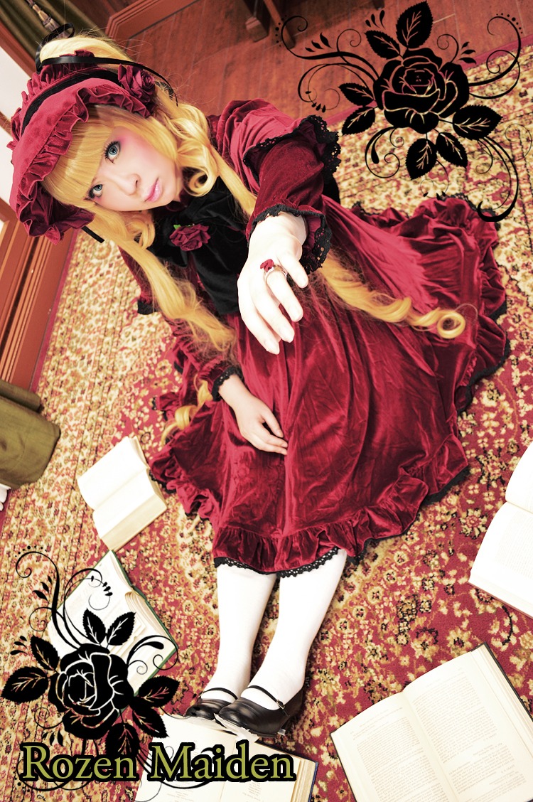 1girl blonde_hair blue_eyes bonnet dress flower jewelry lips lolita_fashion long_hair red_dress ring rose shinku shoes sitting solo