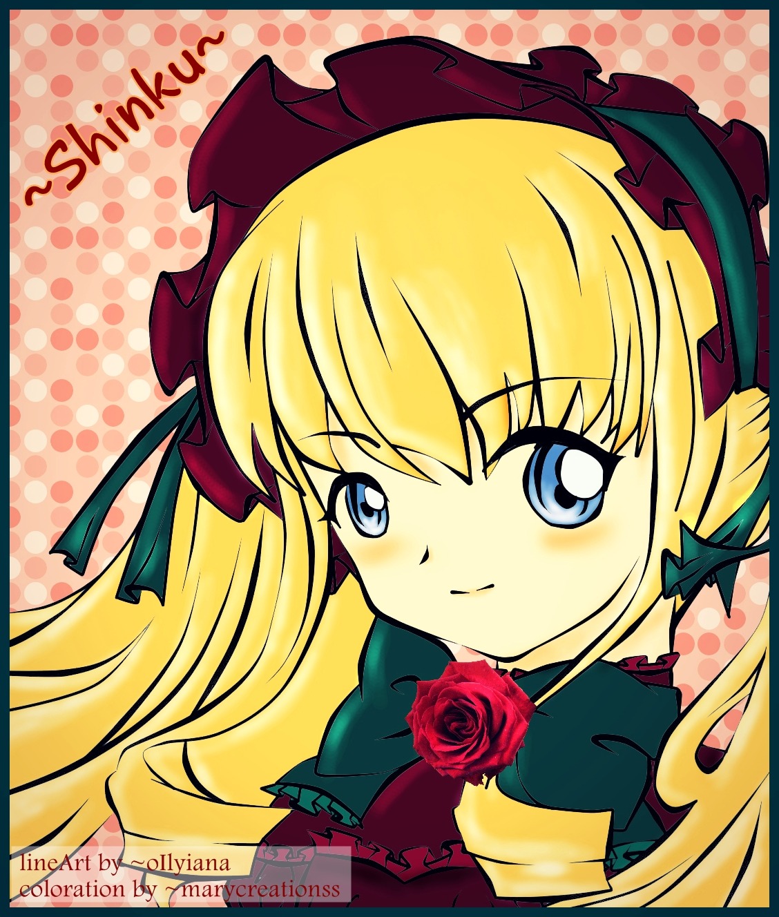 1girl black_border blonde_hair blue_eyes blush bow dress flower hair_ribbon halftone halftone_background image letterboxed long_hair looking_at_viewer polka_dot polka_dot_background red_flower red_rose ribbon rose shinku smile solo twintails