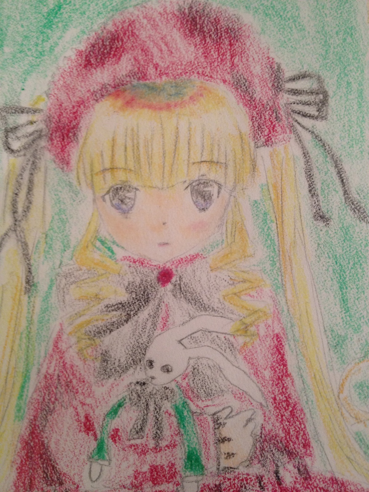 1girl bangs blonde_hair blush image long_hair looking_at_viewer shinku solo stuffed_animal stuffed_bunny traditional_media