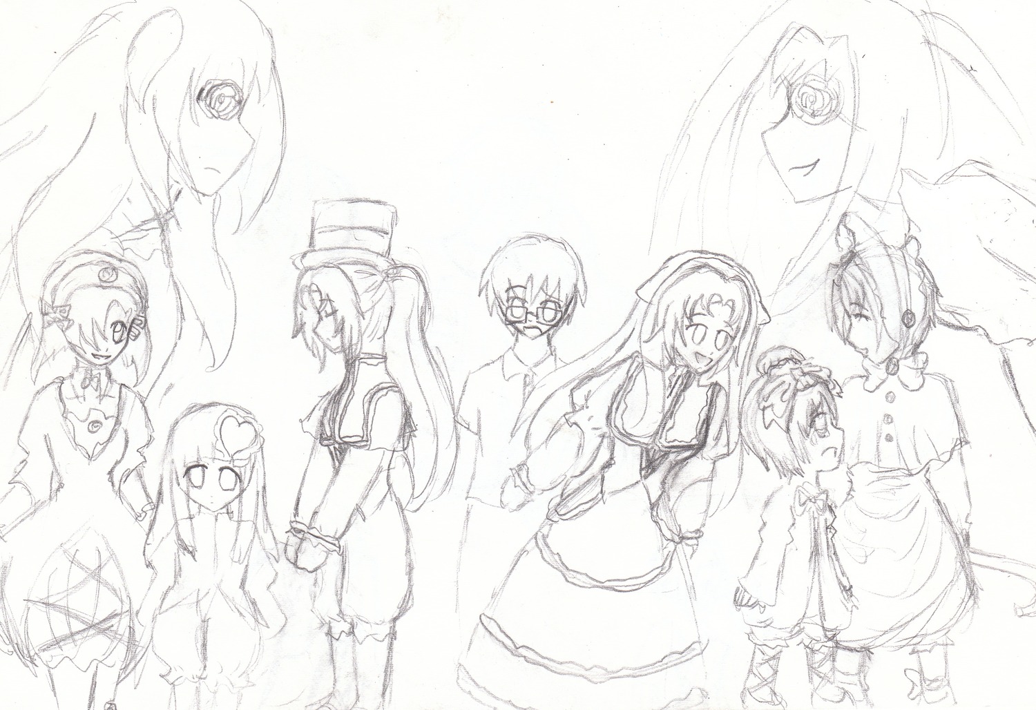 6+girls hair_ornament image long_hair long_sleeves looking_at_viewer monochrome multiple multiple_girls sketch smile tagme